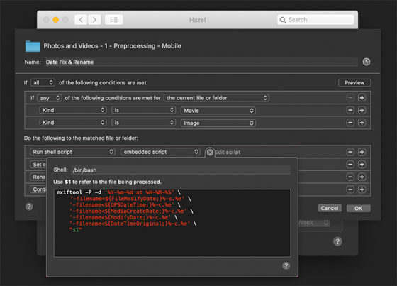Hazel using ExifTool to add date and time to filename