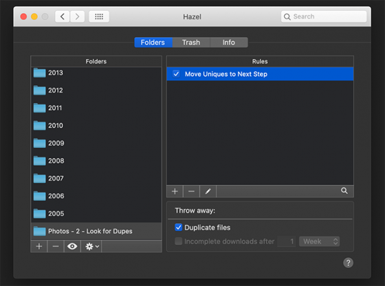 Holding bin folder where Hazel removes duplicates