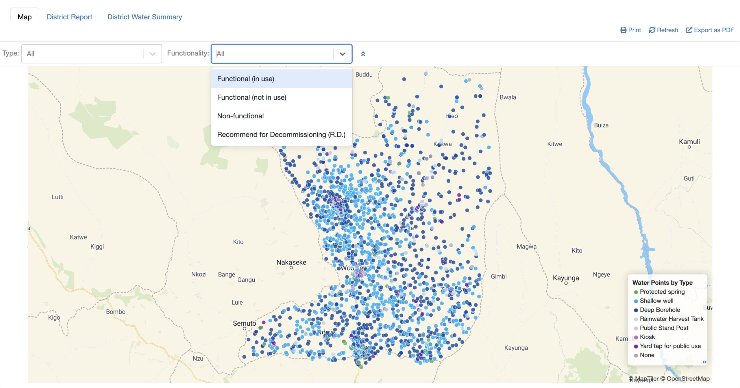 Luwero district water source dashboard in RUMIS